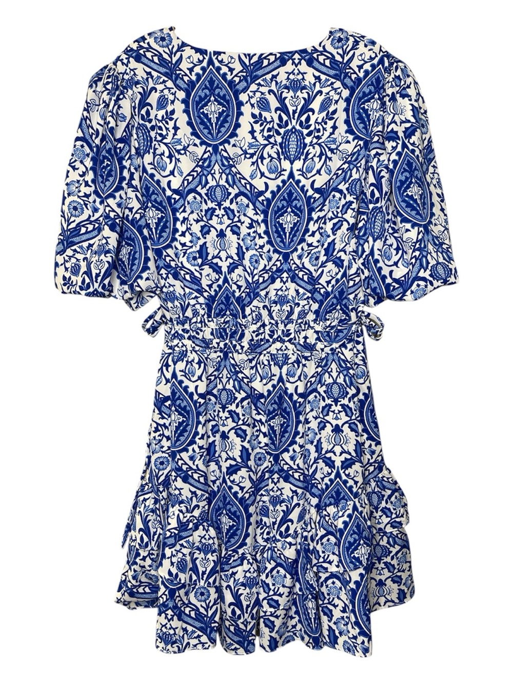 Entro Blue & White Printed V-Neck Mini Dress Sz L - Picture 2 of 4